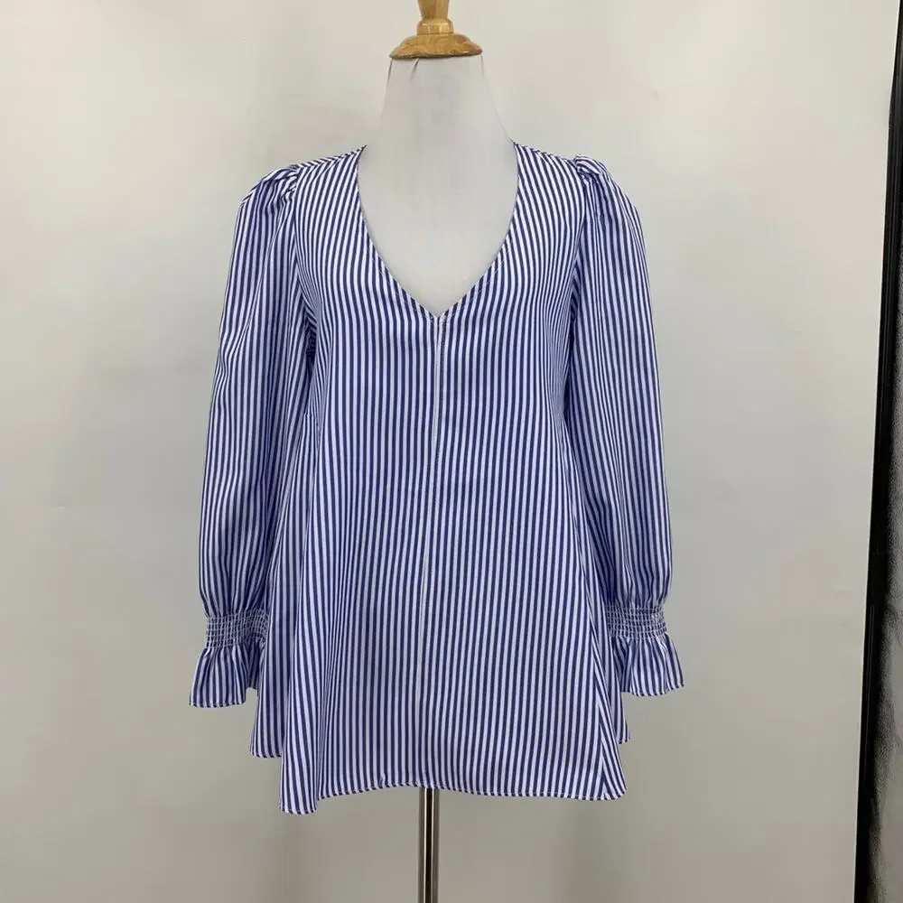 Tuckernuck Blouse Women S Small White Blue Easton Striped VNeck Long Puff Sleeve